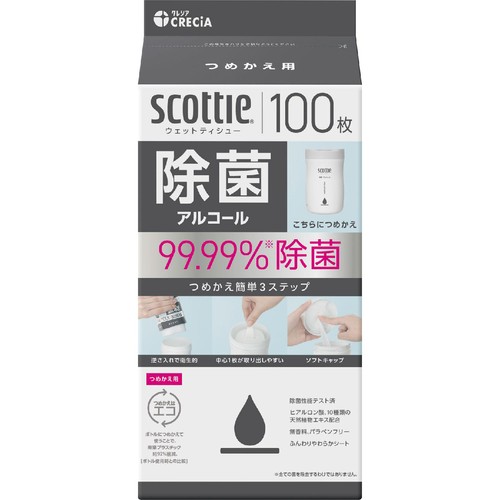 日本製紙クレシア スコッティ ウェットティシュー 除菌アルコール ボトル つめかえ用 100枚