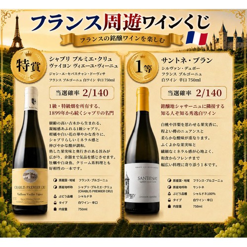 【数量限定】【フランス産】 特賞はシャブリ1級!フランス周遊ワインくじ 750ml