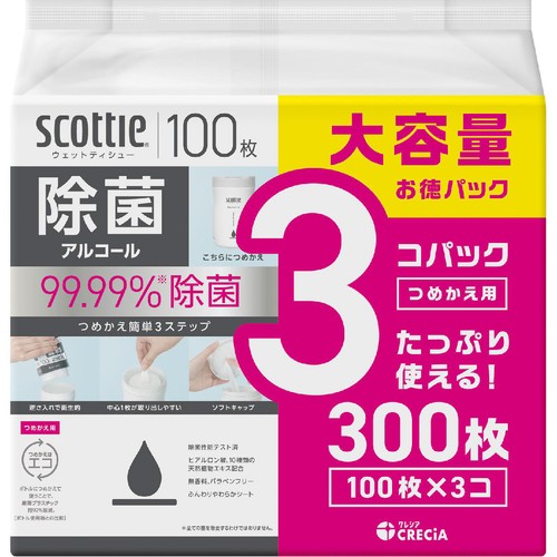 日本製紙クレシア スコッティ ウェットティシュー 除菌アルコールボトル つめかえ用 100枚 x 3個