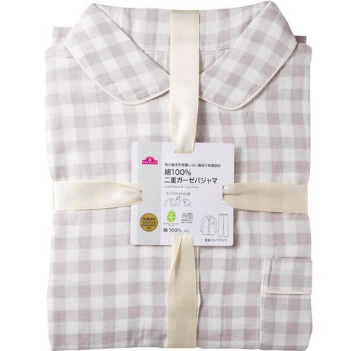 シャツパジャマ 二重ガーゼ チェック柄 婦人 グレー XL トップバリュ