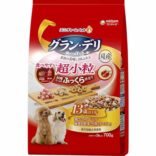 【ペット用】 ユニ・チャーム 【国産】グラン・デリ お肉たっぷりふっくら仕立て 食べやすい超小粒13歳以上用 鶏ささみ ビーフ 緑黄色野菜 小魚 チーズ 700g