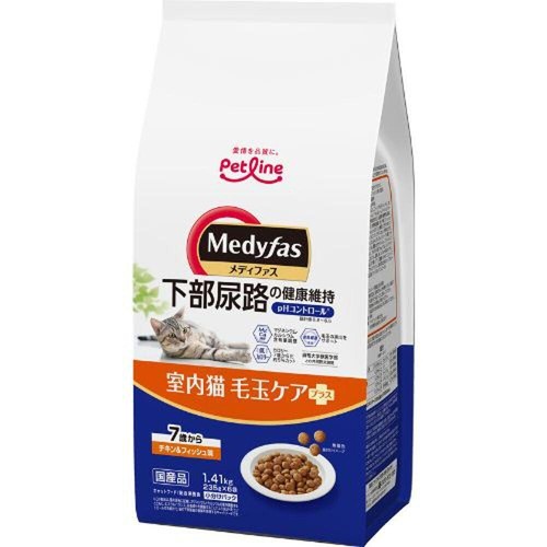 【ペット用】 ペットライン メディファス 室内猫毛玉ケアプラス 7歳から チキン&フィッシュ味 1.41kg