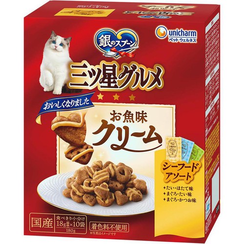 【ペット用】 ユニ・チャーム 国産銀のスプーン三ツ星グルメ お魚味クリーム シーフードレシピ 3種のアソート 18g x 10袋(180g)
