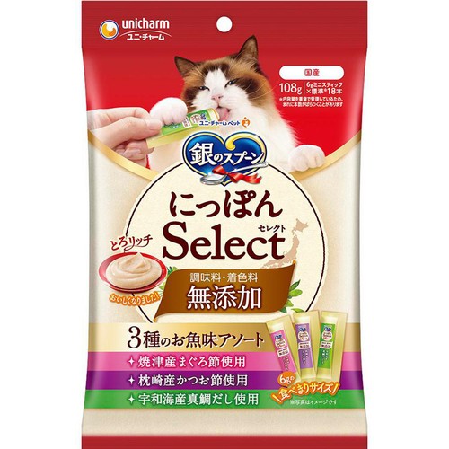 【ペット用】 ユニ・チャーム 銀のスプーン にっぽんSelect 無添加 とろリッチ 3種のお魚味アソート 6g x 18本
