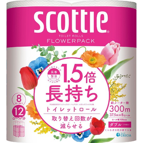 日本製紙クレシア スコッティフラワー 1.5倍長持ち トイレットロール ダブル 37.5m x 8ロール
