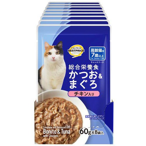 【ペット用】 キャットフードパウチ かつお&まぐろ チキン 高齢猫用ボール(総合) 60g x 8袋入 トップバリュベストプライス