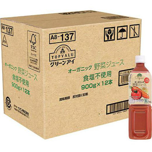 オーガニック野菜ジュース食塩不使用＜ケース＞ 900g x 12本 トップバリュ グリーンアイ