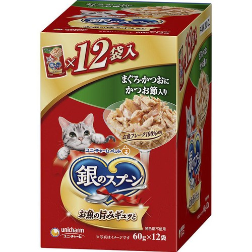 【ペット用】 ユニ・チャーム 銀のスプーン パウチ まぐろ・かつおにかつお節入り 60g x 12袋