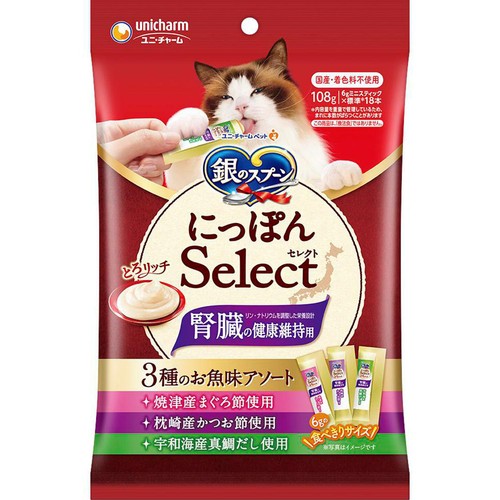【ペット用】 ユニ・チャーム 銀のスプーン にっぽんSelect とろリッチ 腎臓の健康維持用 3種のお魚味アソート 6g x 18本