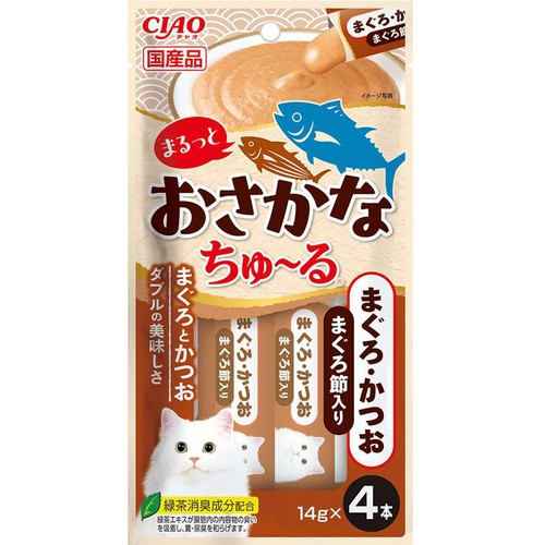 【ペット用】 いなばペットフード CIAO まるっとおさかなちゅ～る まぐろ・かつお まぐろ節入り 14g x 4本