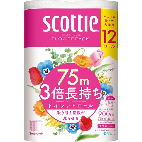 日本製紙クレシア スコッティフラワー3倍長持ちダブル12ロール 75m x 12ロール