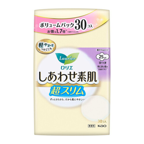 花王 ロリエ しあわせ素肌 通気超スリム 特に多い昼用 超スリムタイプ 羽つき 25cm 30個