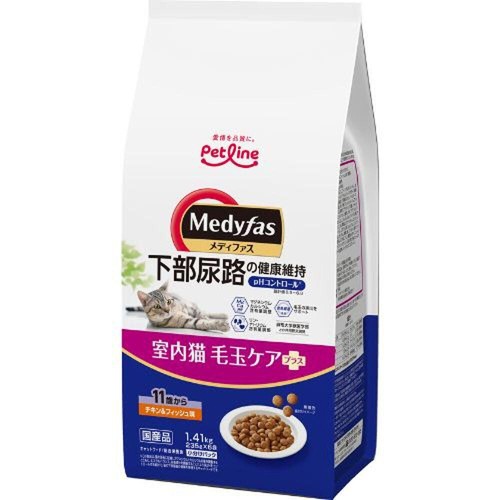 【ペット用】 ペットライン メディファス 室内猫毛玉ケアプラス 11歳から チキン&フィッシュ味 1.41kg