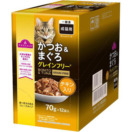 キャットフードパウチ かつお&まぐろ チキン入り 70g x 12個 トップバリュ