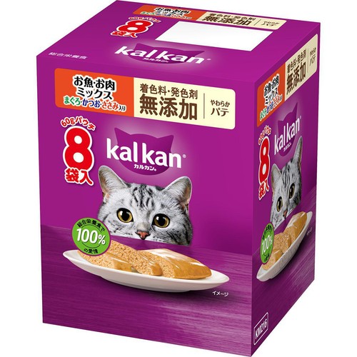 【ペット用】 マースジャパン カルカンパウチ やわらかパテ お魚・お肉ミックス まぐろ・かつお・ささみ入り 60g x 8袋入