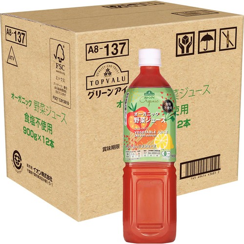 オーガニック野菜ジュース食塩不使用 1ケース 900g x 12本 トップバリュ グリーンアイ