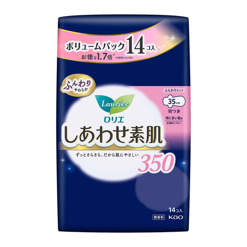 花王 ロリエ しあわせ素肌350 特に多い夜用 ふんわりタイプ 羽つき 35cm 14個